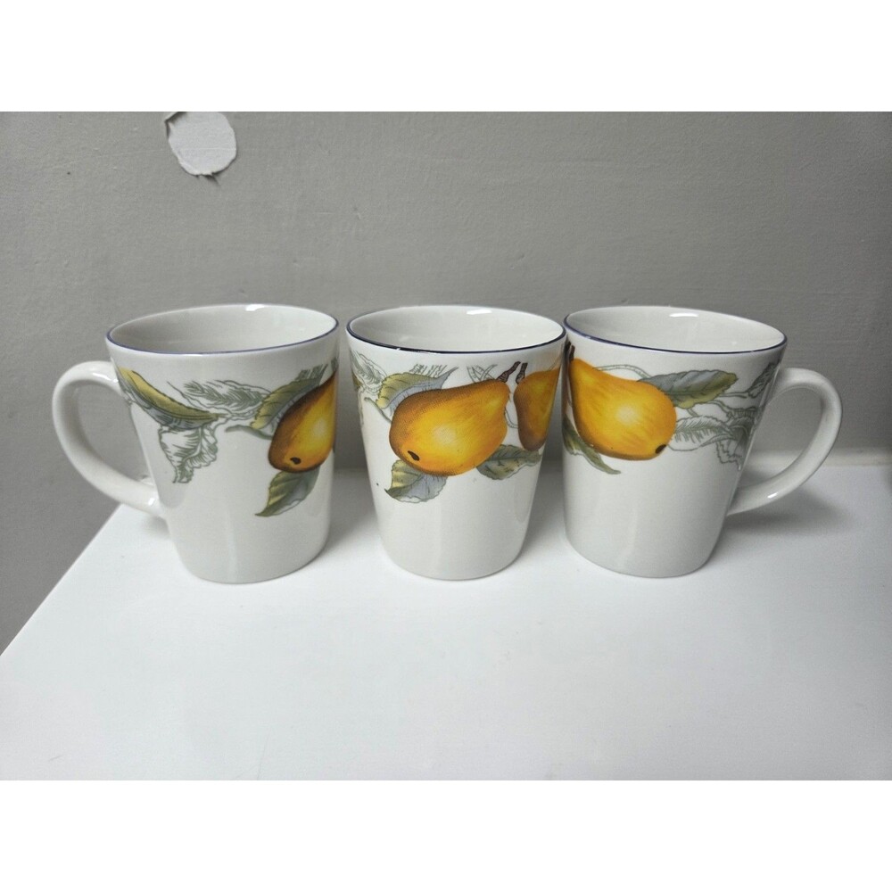 TODAYS HOME CERAMIC MUGS/CUPS - SET of 3 - PEARS & LEAF PATTERN - 8 oz.